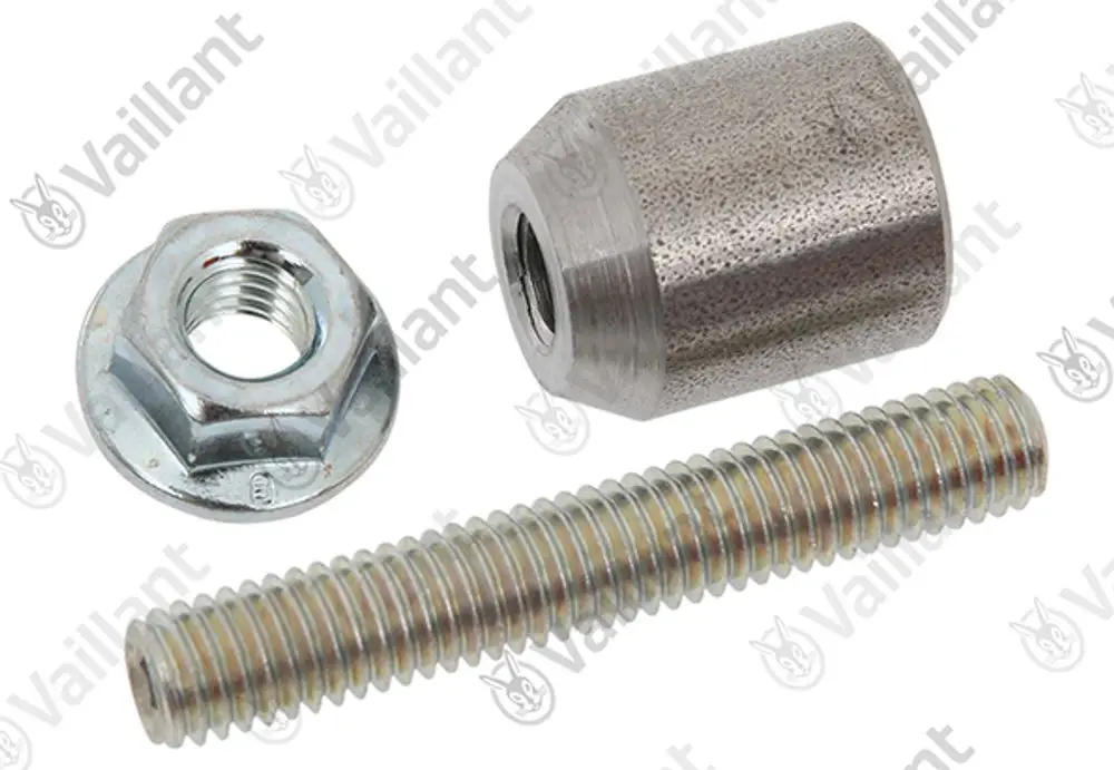 Schraube und Mutter aus Metall mit einem geriffelten Gewinde, Teil eines Reparatur-Sets von Vaillant, zusammen mit einem separaten Verbindungsstück.